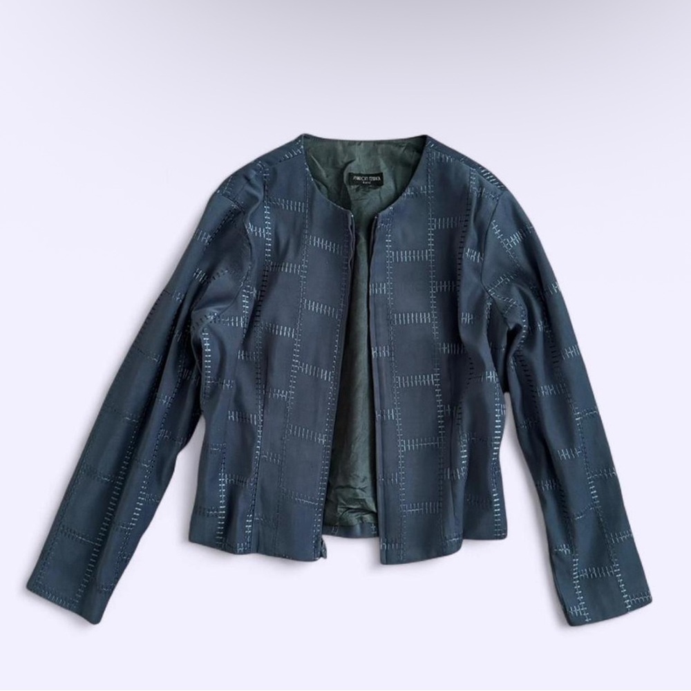 Vintage 90s Embroidered Twill Blazer Jacket Sharon Endick USA Misty Blue